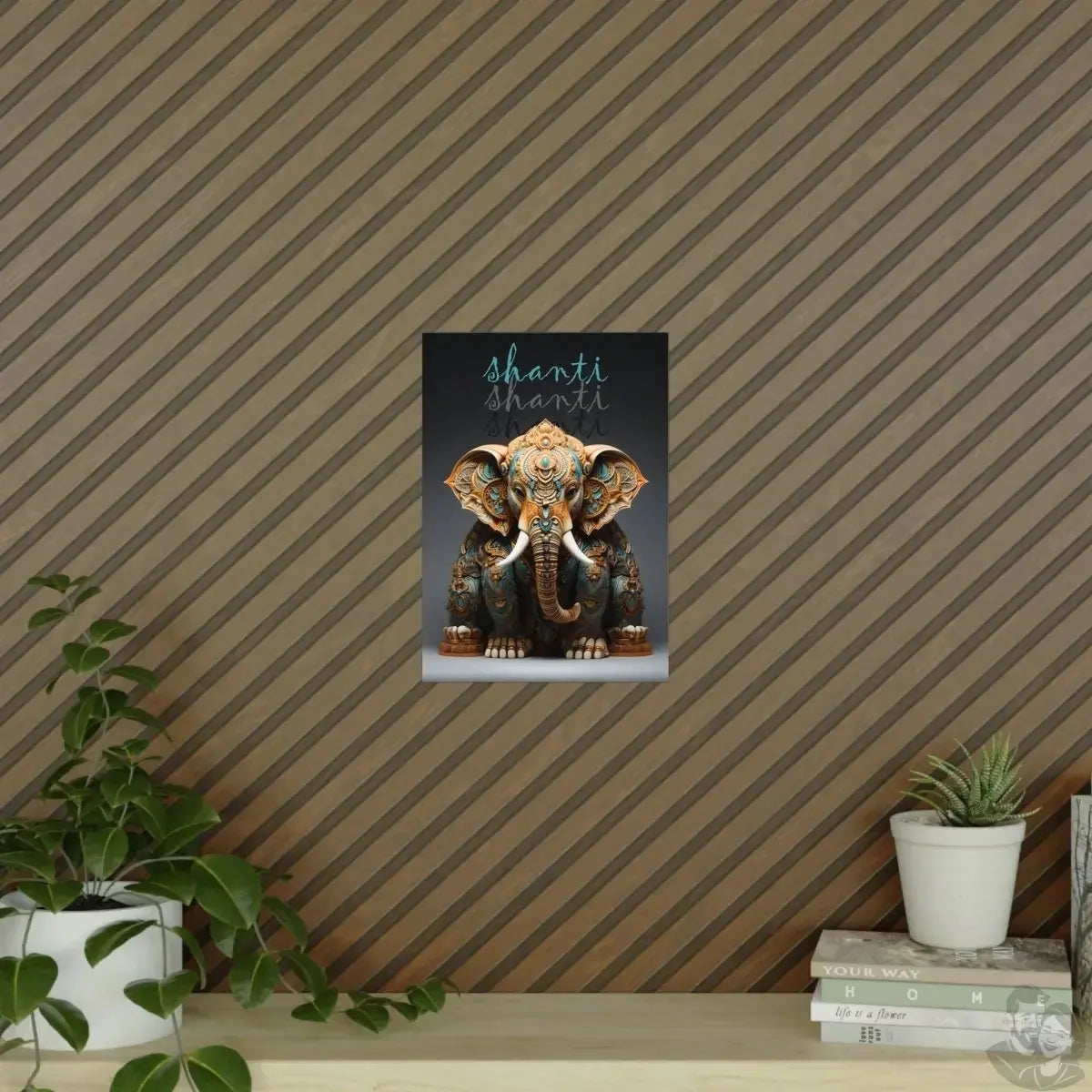 Shanti Elefant Poster in Leuchtendem Blau & Bronze - Matt Papier merchOne