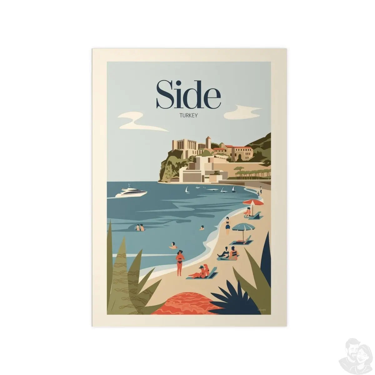 Side Türkei Reiseposter: Malerische Küstenansicht im Retro - Stil - Poster bei HappyHugPixels
