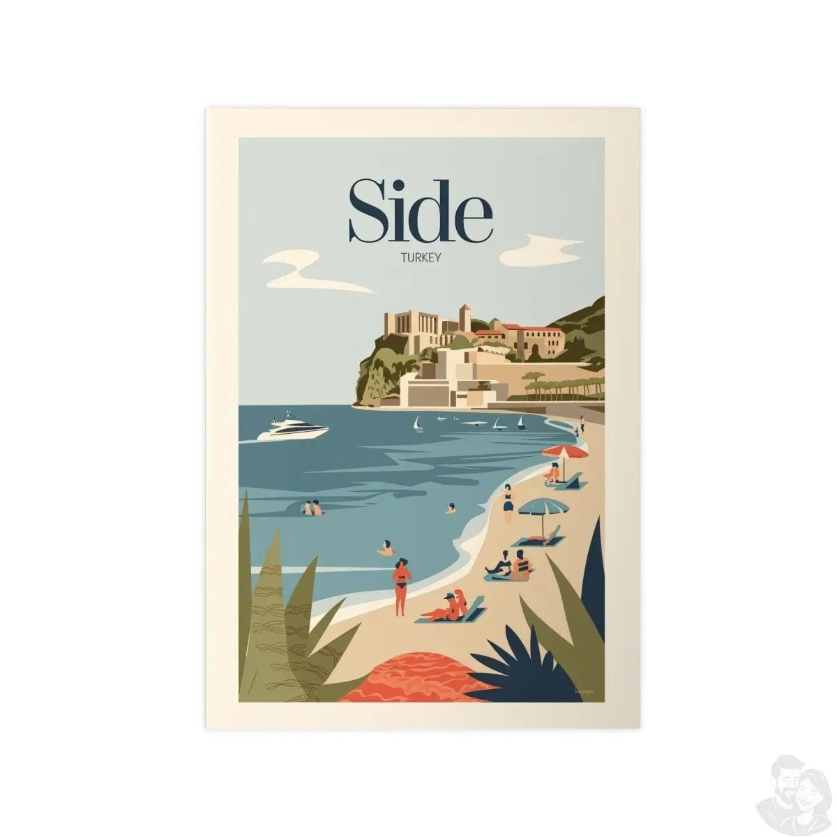 Side Türkei Reiseposter: Malerische Küstenansicht im Retro - Stil - Poster bei HappyHugPixels