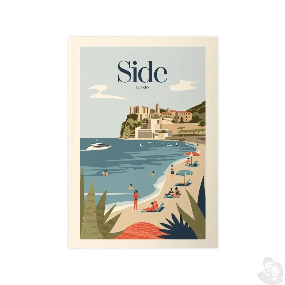 Side Türkei Reiseposter: Malerische Küstenansicht im Retro - Stil - Poster bei HappyHugPixels
