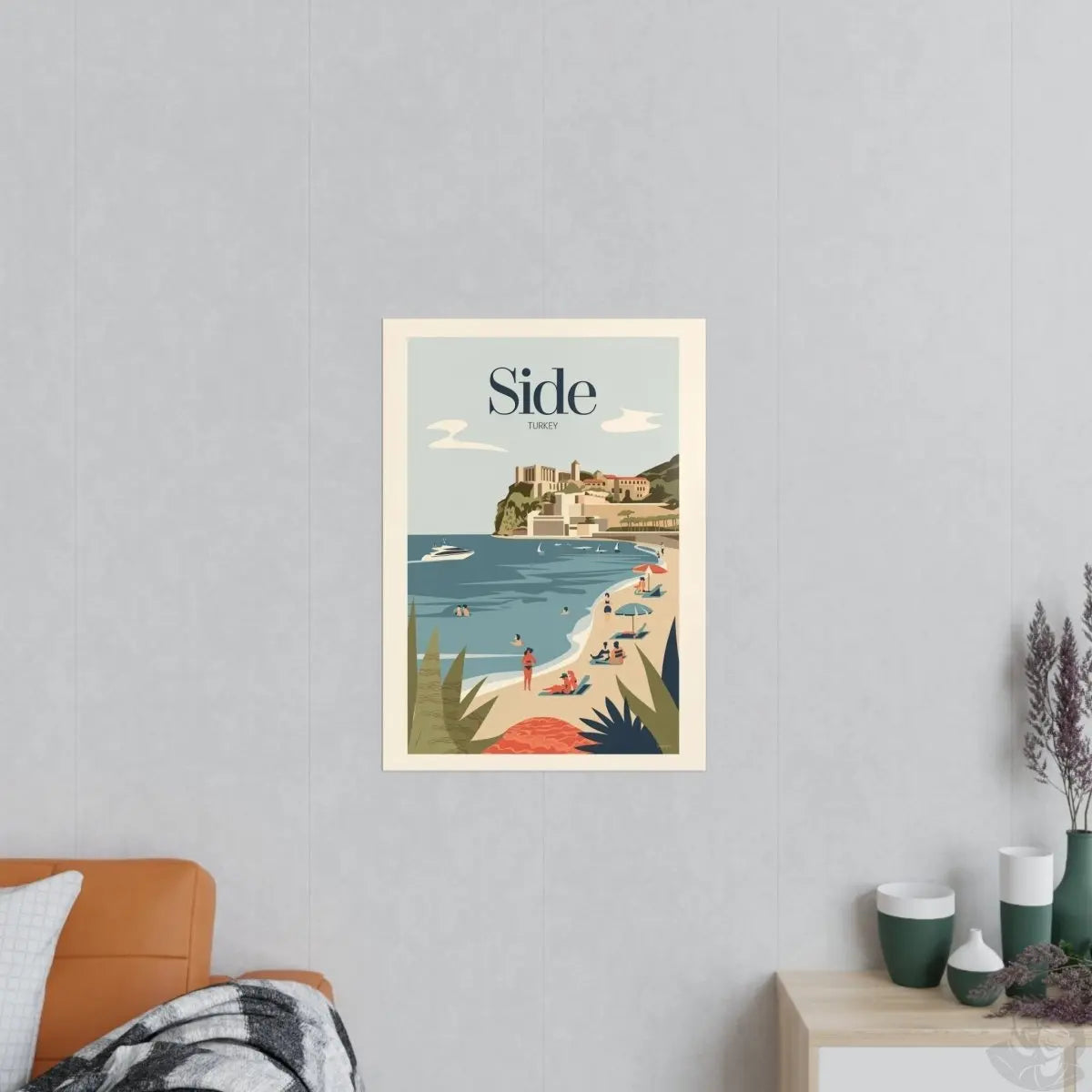 Side Türkei Reiseposter: Malerische Küstenansicht im Retro - Stil - Poster bei HappyHugPixels