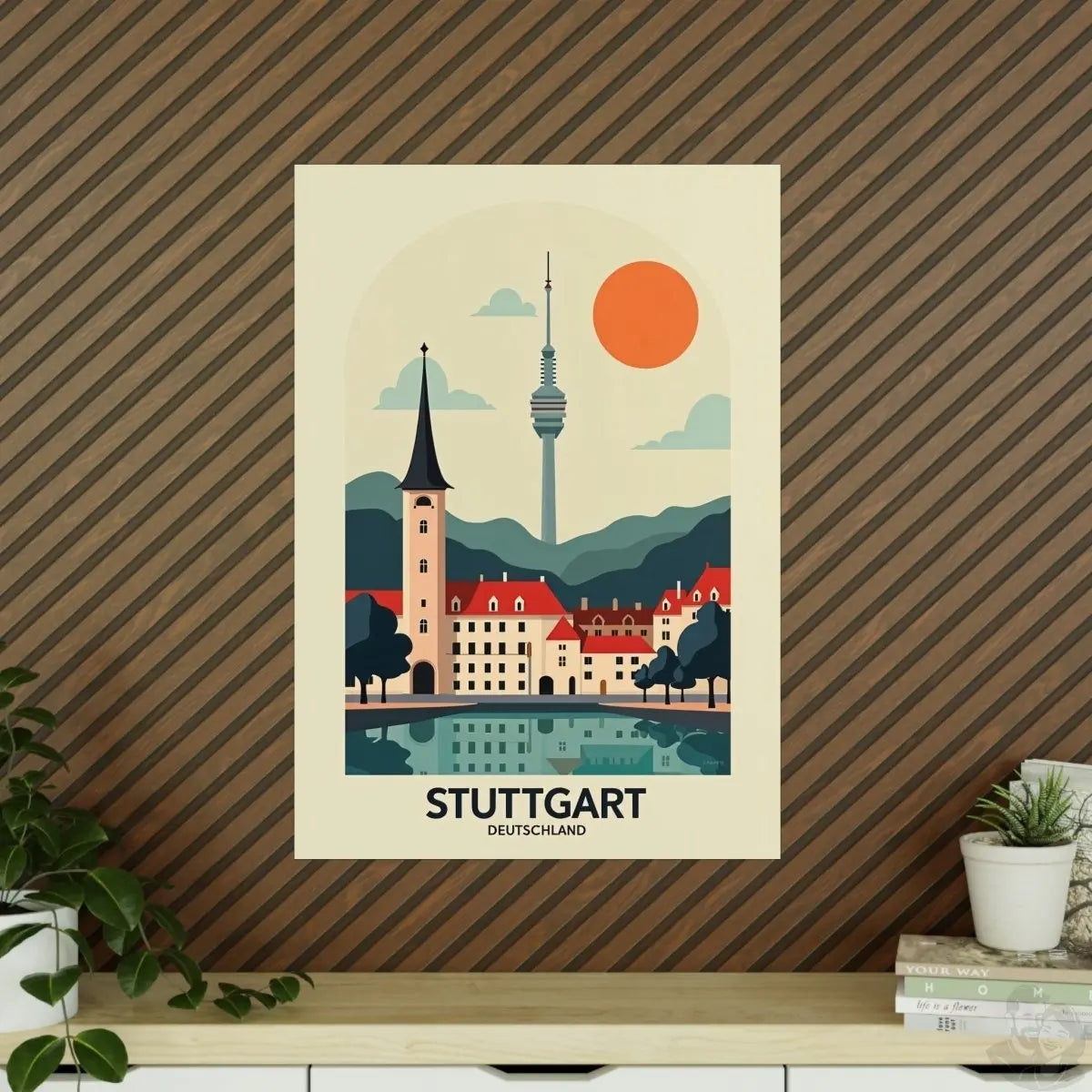 Stuttgart Reiseposter: Moderne Skyline im Retro - Stil auf Premium - Fotopapier - Poster bei HappyHugPixels