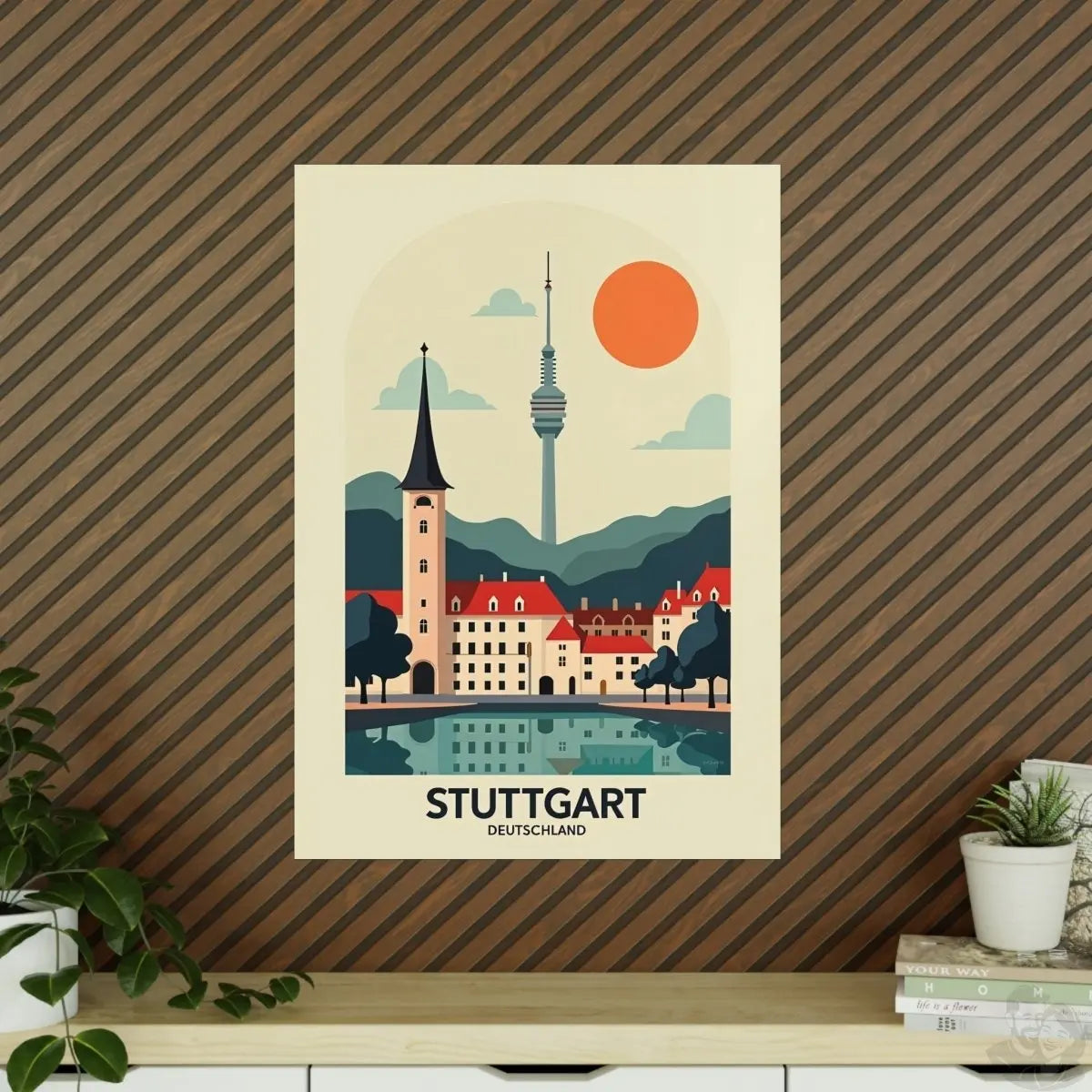 Stuttgart Reiseposter: Moderne Skyline im Retro - Stil auf Premium - Fotopapier - Poster bei HappyHugPixels