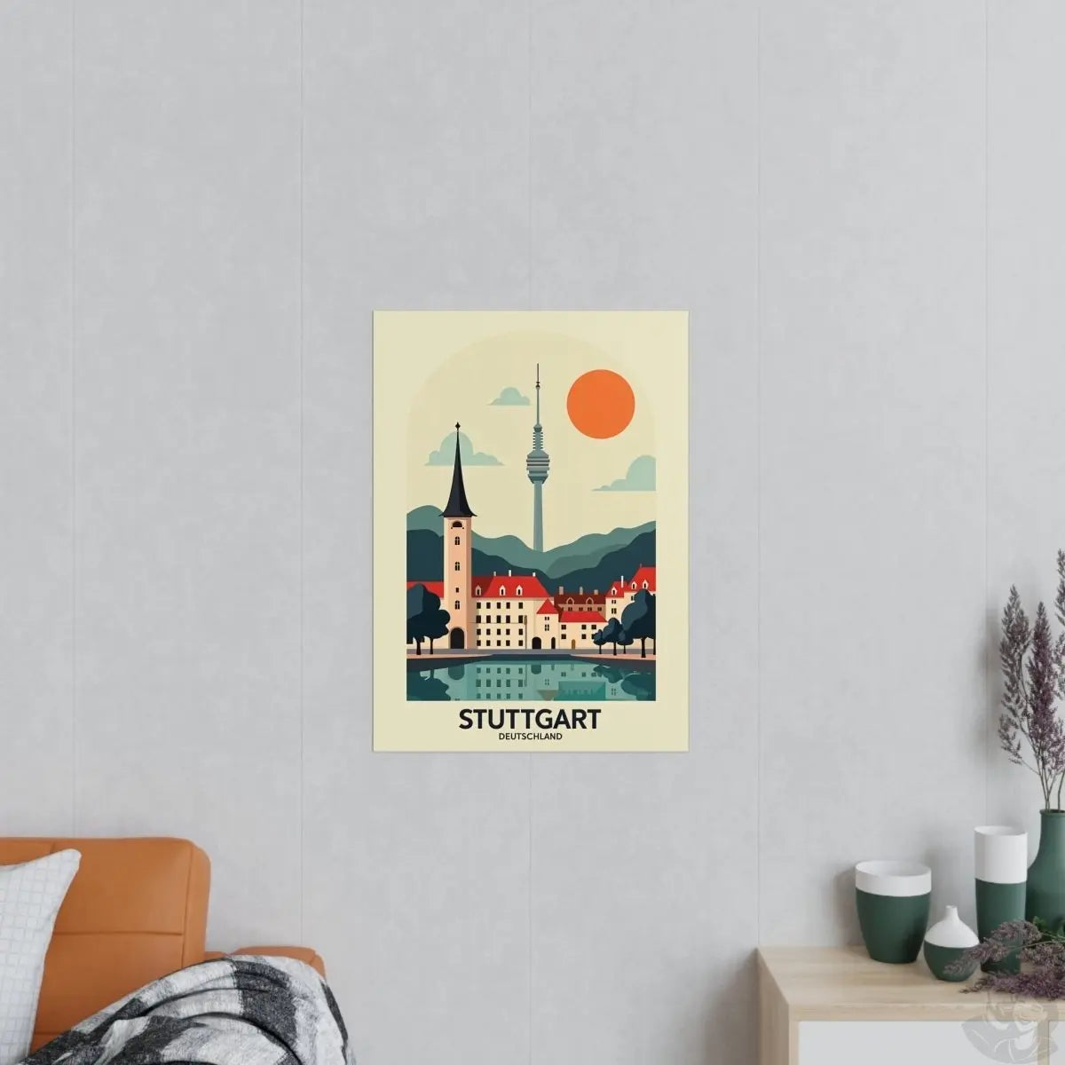 Stuttgart Reiseposter: Moderne Skyline im Retro - Stil auf Premium - Fotopapier - Poster bei HappyHugPixels