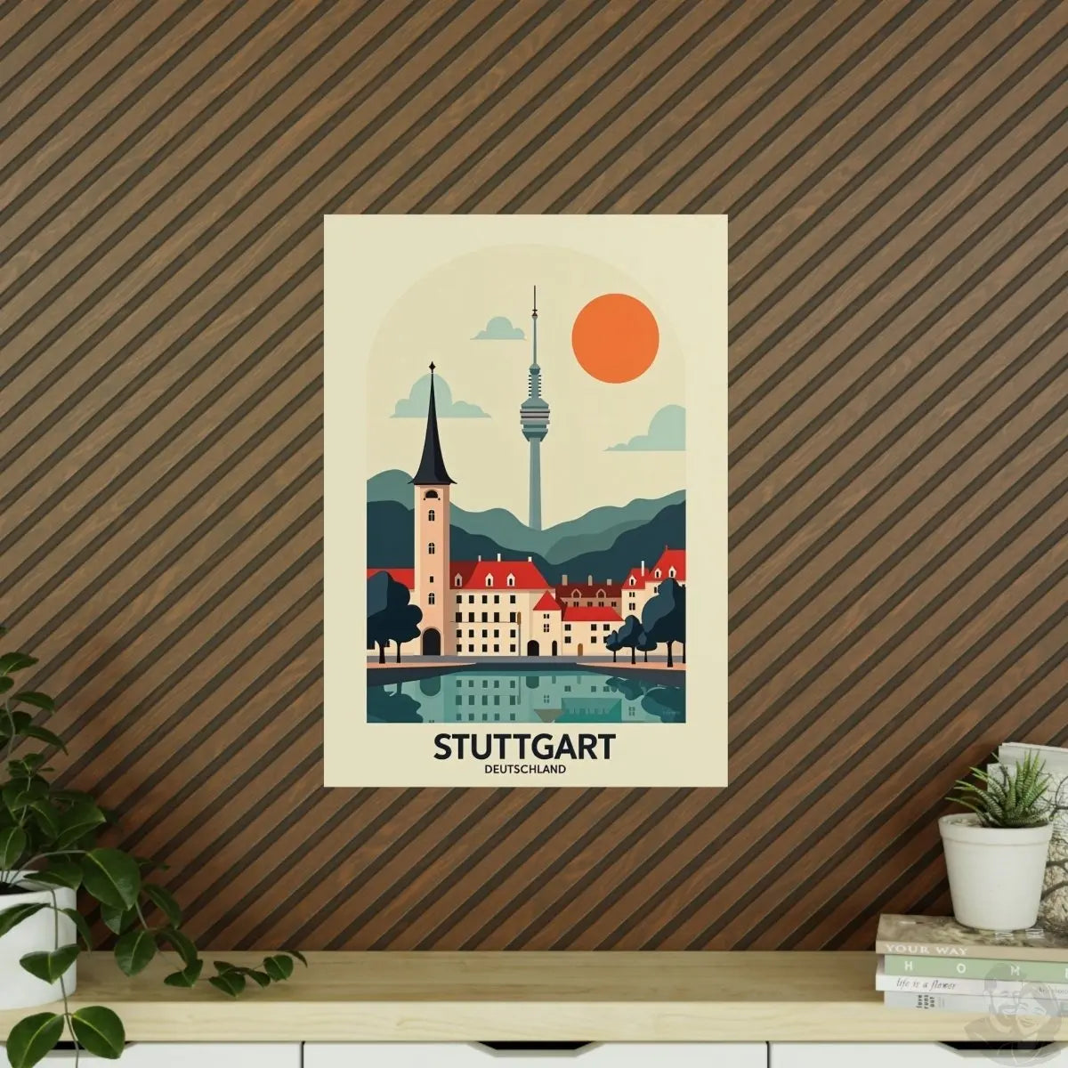 Stuttgart Reiseposter: Moderne Skyline im Retro - Stil auf Premium - Fotopapier - Poster bei HappyHugPixels