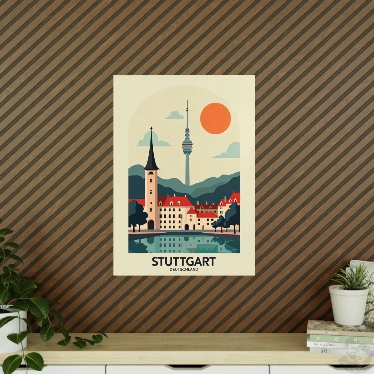 Stuttgart Reiseposter: Moderne Skyline im Retro - Stil auf Premium - Fotopapier - Poster bei HappyHugPixels
