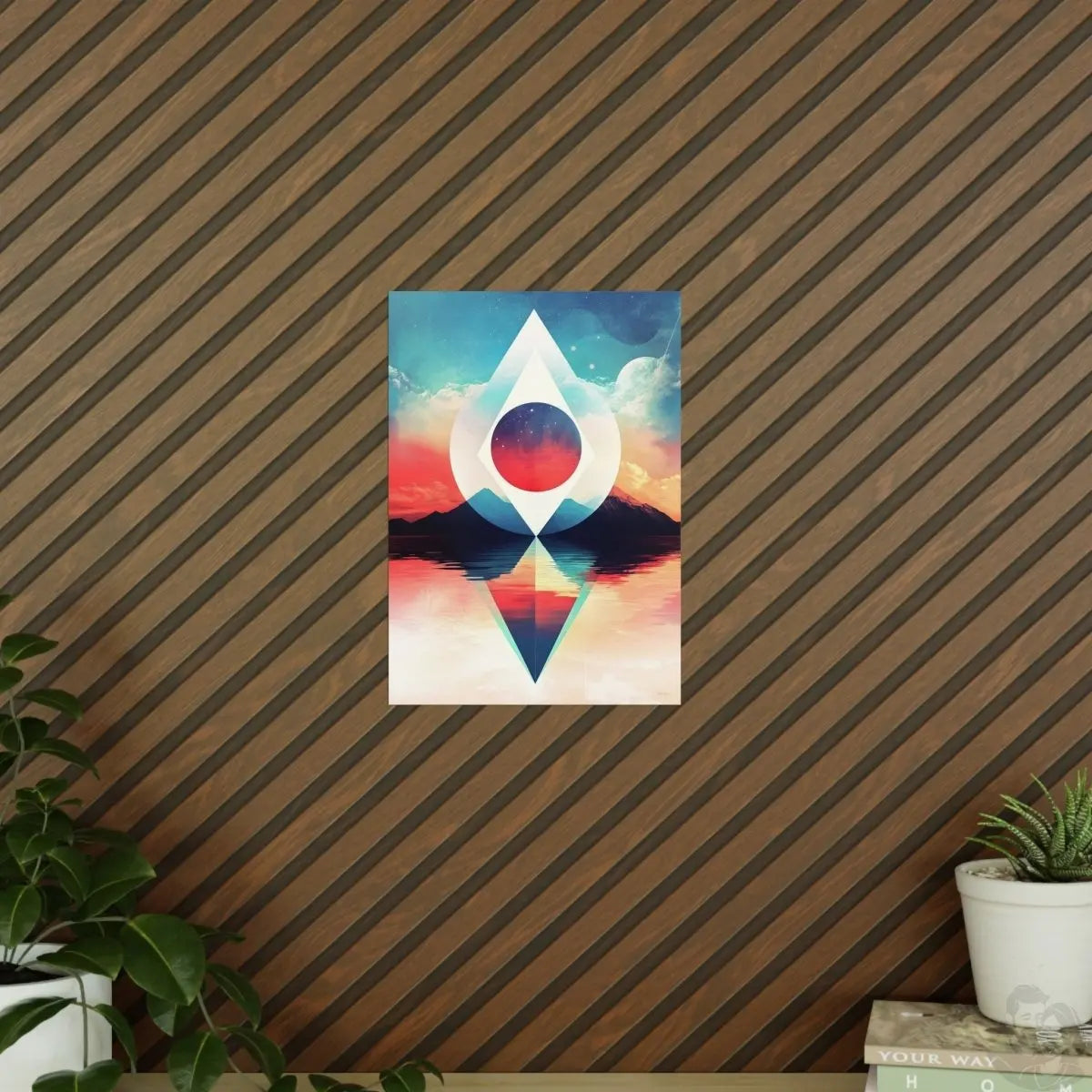 Surrealistische Landschaftsposter – Kosmische Geometrie trifft auf farbenfrohe Natur - Poster bei HappyHugPixels