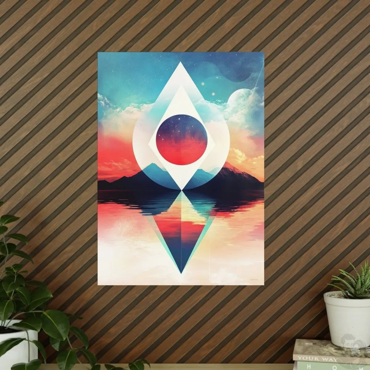 Surrealistische Landschaftsposter – Kosmische Geometrie trifft auf farbenfrohe Natur - Poster bei HappyHugPixels