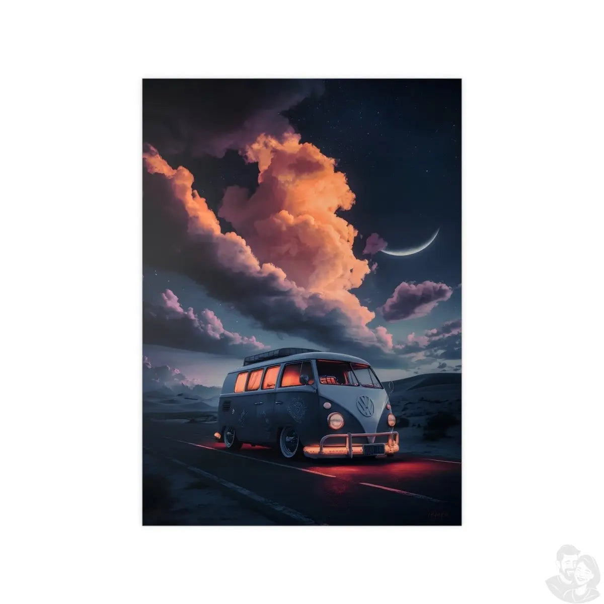 VW Bulli Retroposter – Mondschein und Sterne - Poster bei HappyHugPixels