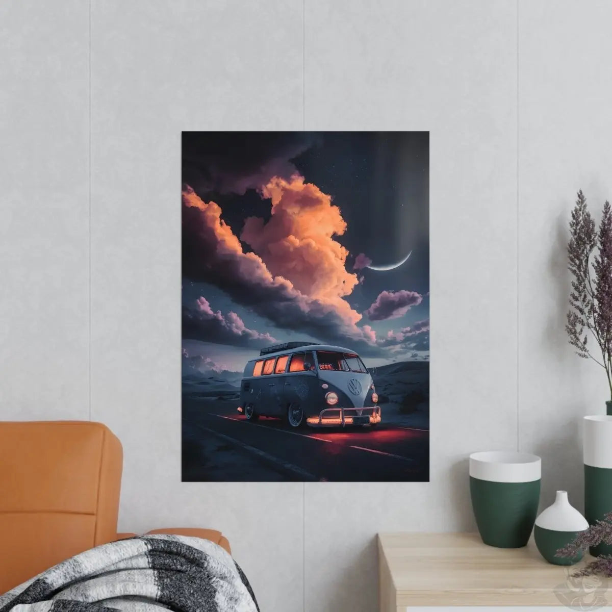 VW Bulli Retroposter – Mondschein und Sterne - Poster bei HappyHugPixels