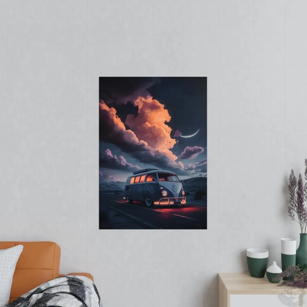 VW Bulli Retroposter – Mondschein und Sterne - Poster bei HappyHugPixels