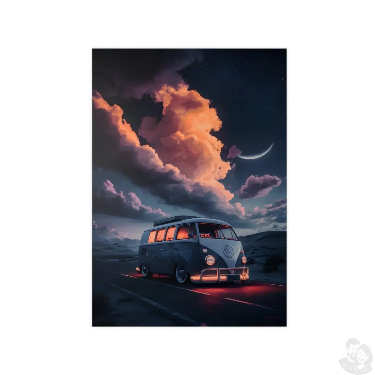 VW Bulli Retroposter – Mondschein und Sterne - Poster bei HappyHugPixels