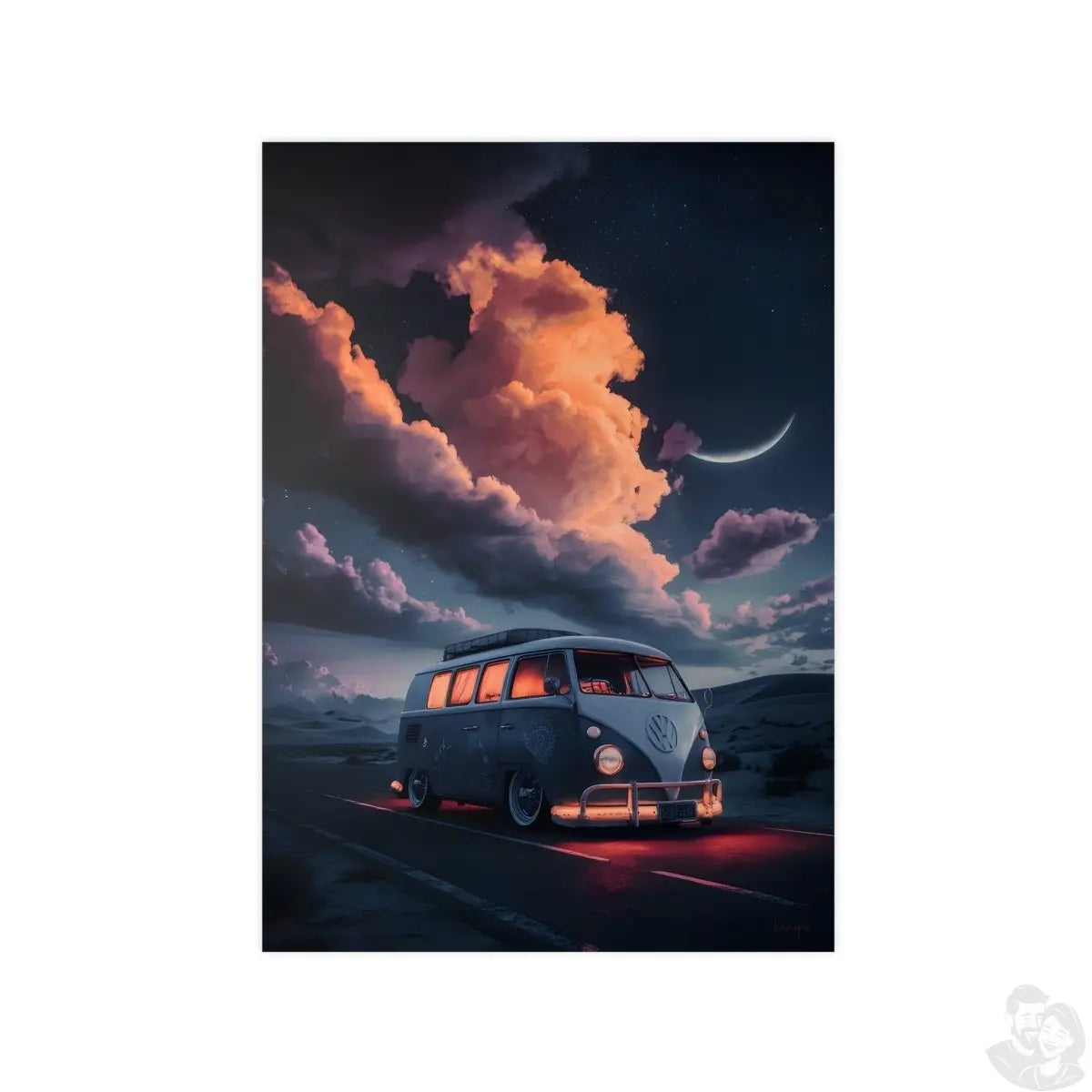 VW Bulli Retroposter – Mondschein und Sterne - Poster bei HappyHugPixels