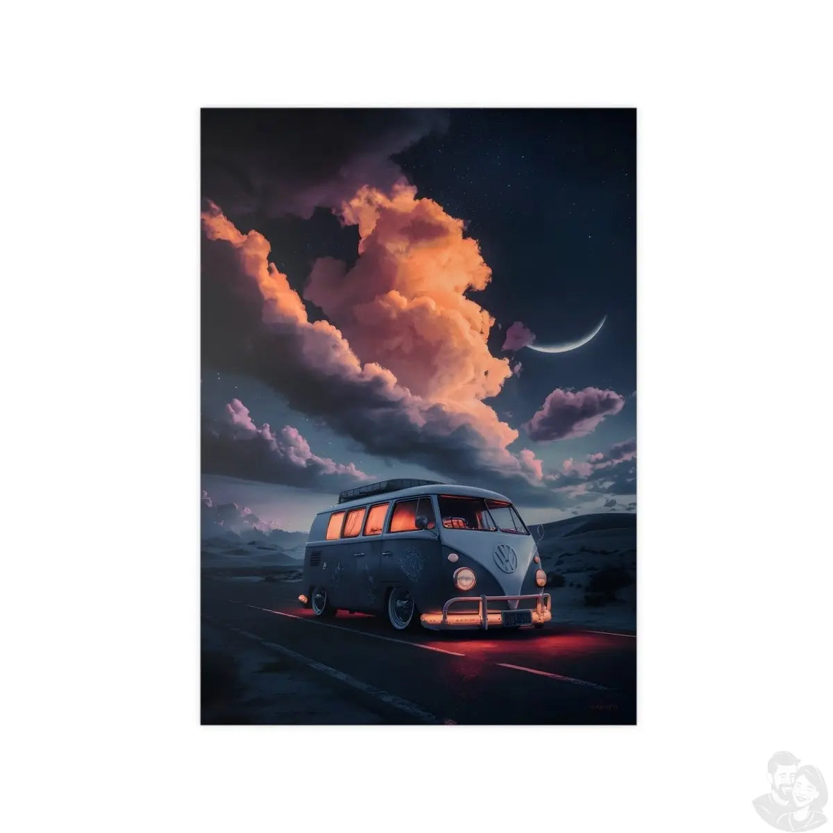 VW Bulli Retroposter – Mondschein und Sterne - Poster bei HappyHugPixels