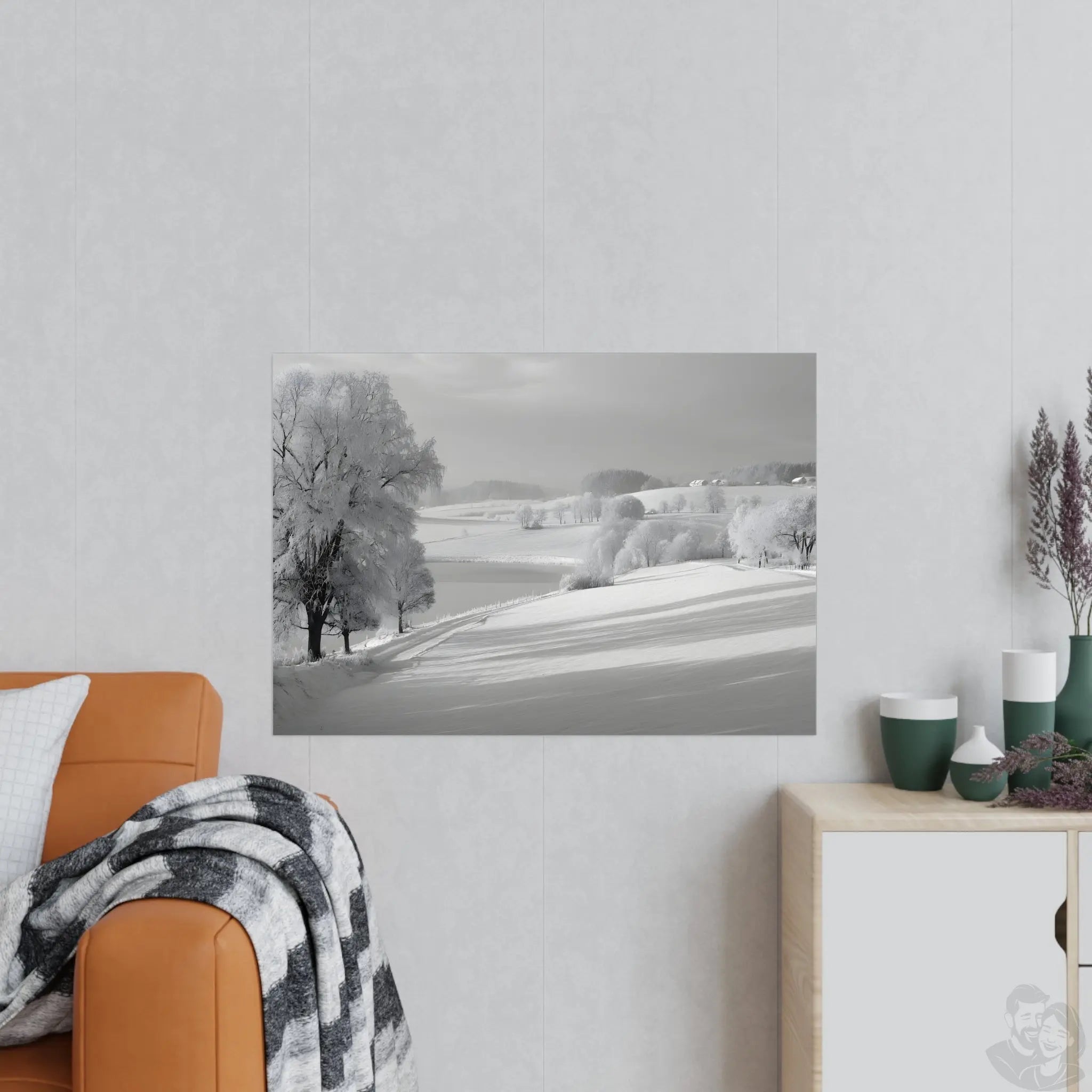 Verschneite Winterlandschaft Kunstposter – Stille Schönheit in Weiß Printify