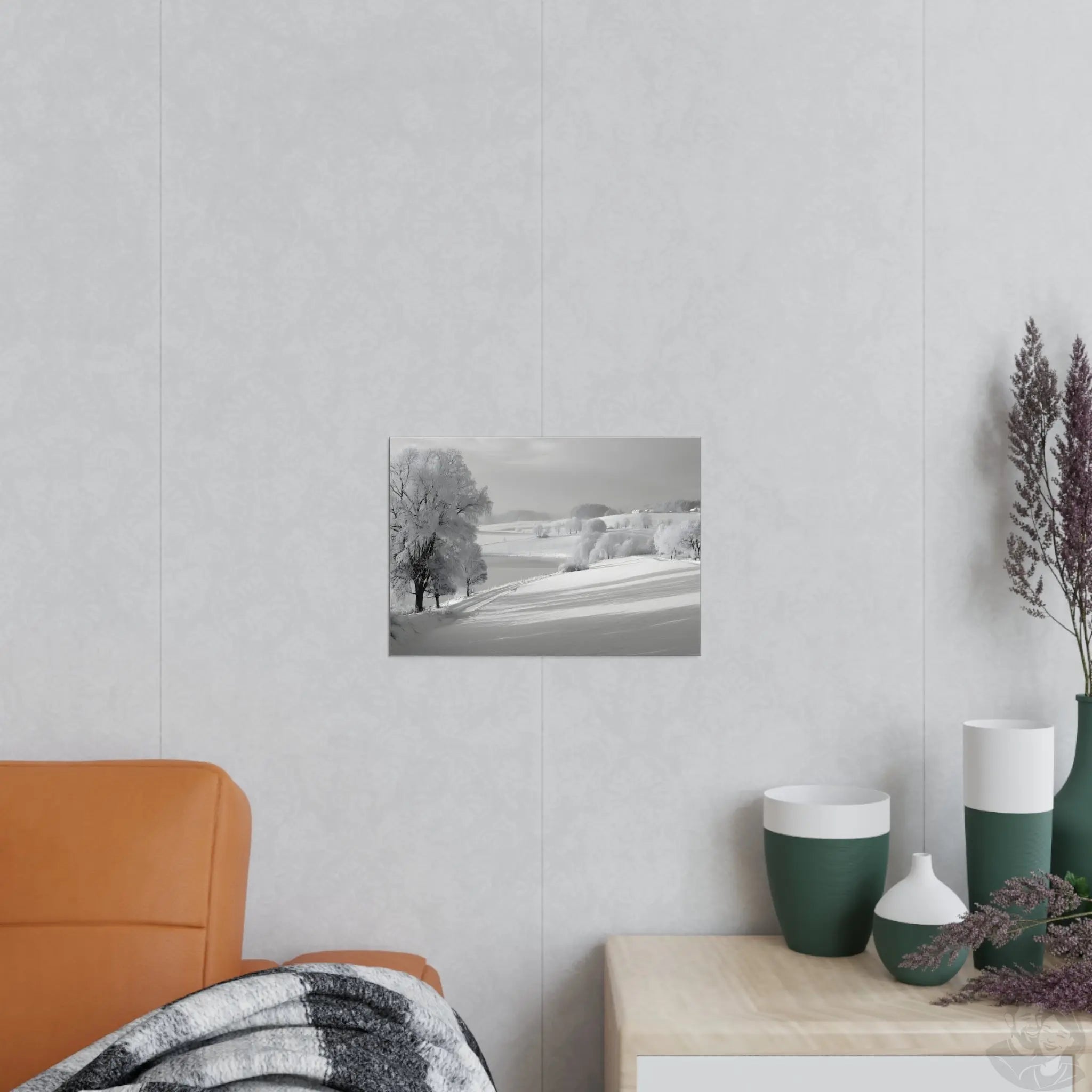 Verschneite Winterlandschaft Kunstposter – Stille Schönheit in Weiß Printify
