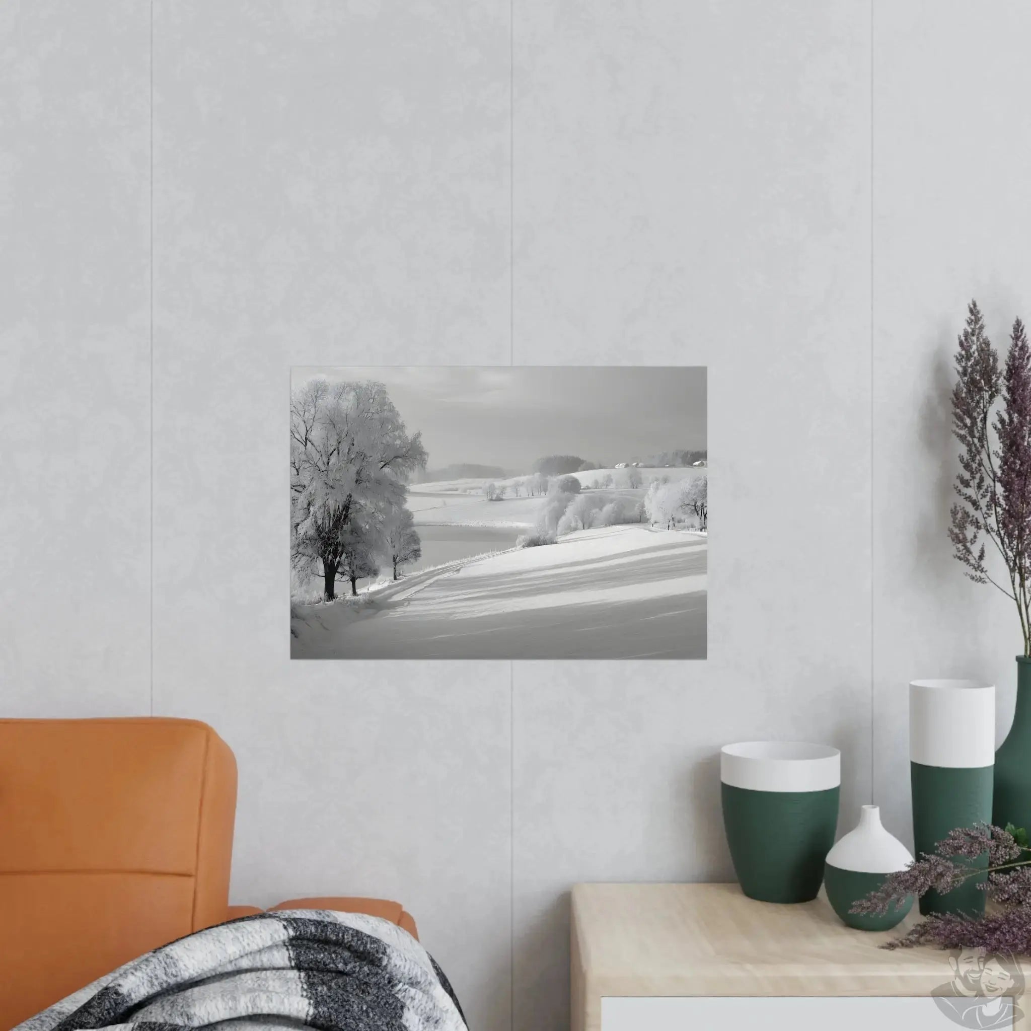 Verschneite Winterlandschaft Kunstposter – Stille Schönheit in Weiß merchOne