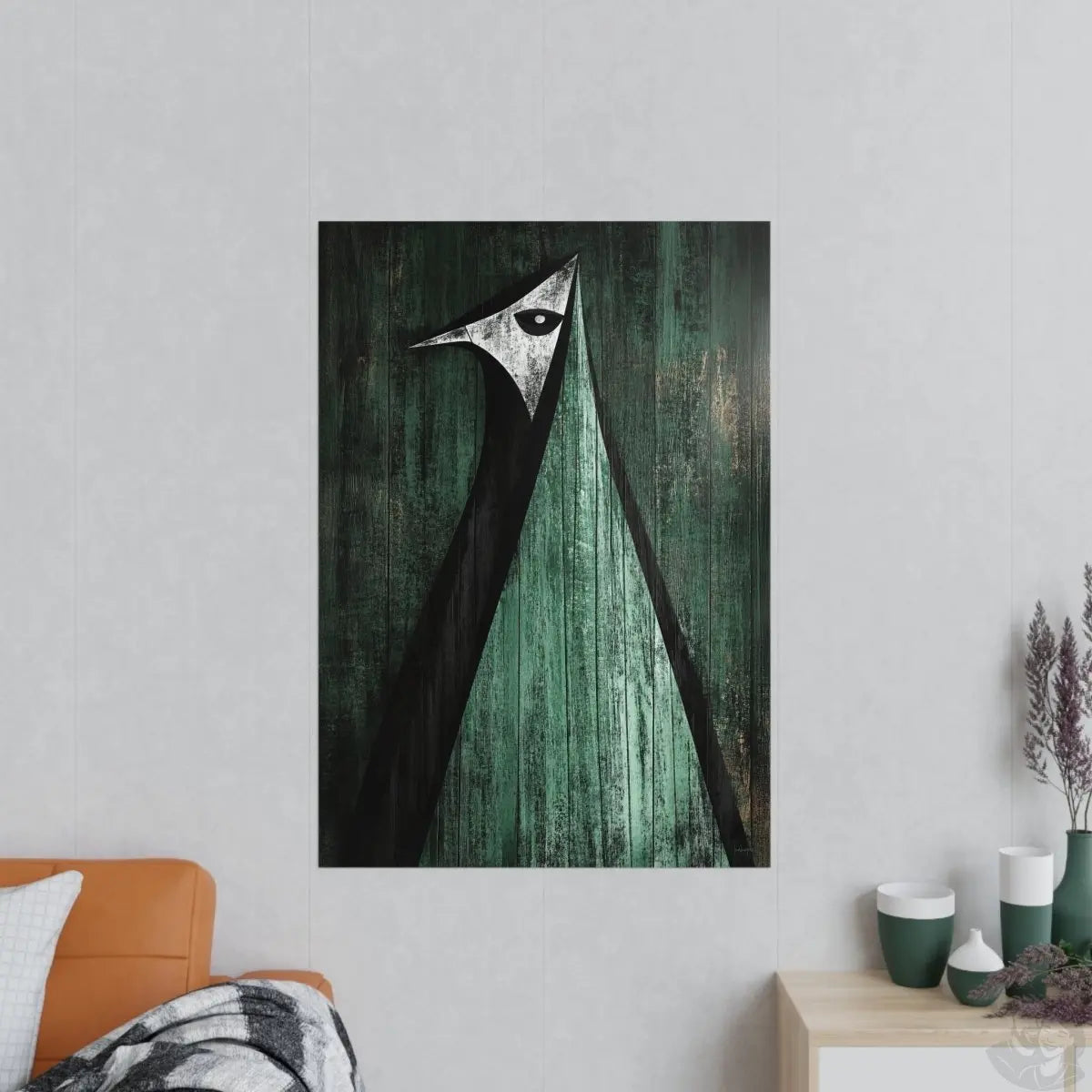 Minimalistisches Kunstposter – Abstrakter Vogel auf verwittertem Holz - Poster bei HappyHugPixels