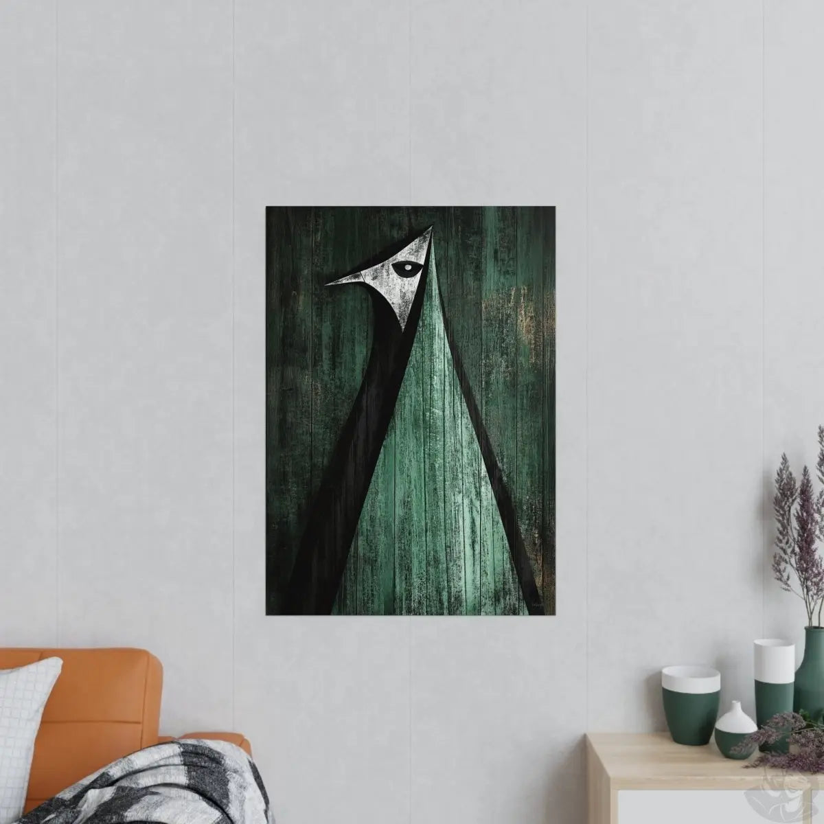 Minimalistisches Kunstposter – Abstrakter Vogel auf verwittertem Holz - Poster bei HappyHugPixels