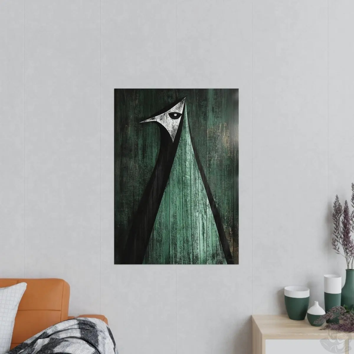 Minimalistisches Kunstposter – Abstrakter Vogel auf verwittertem Holz - Poster bei HappyHugPixels