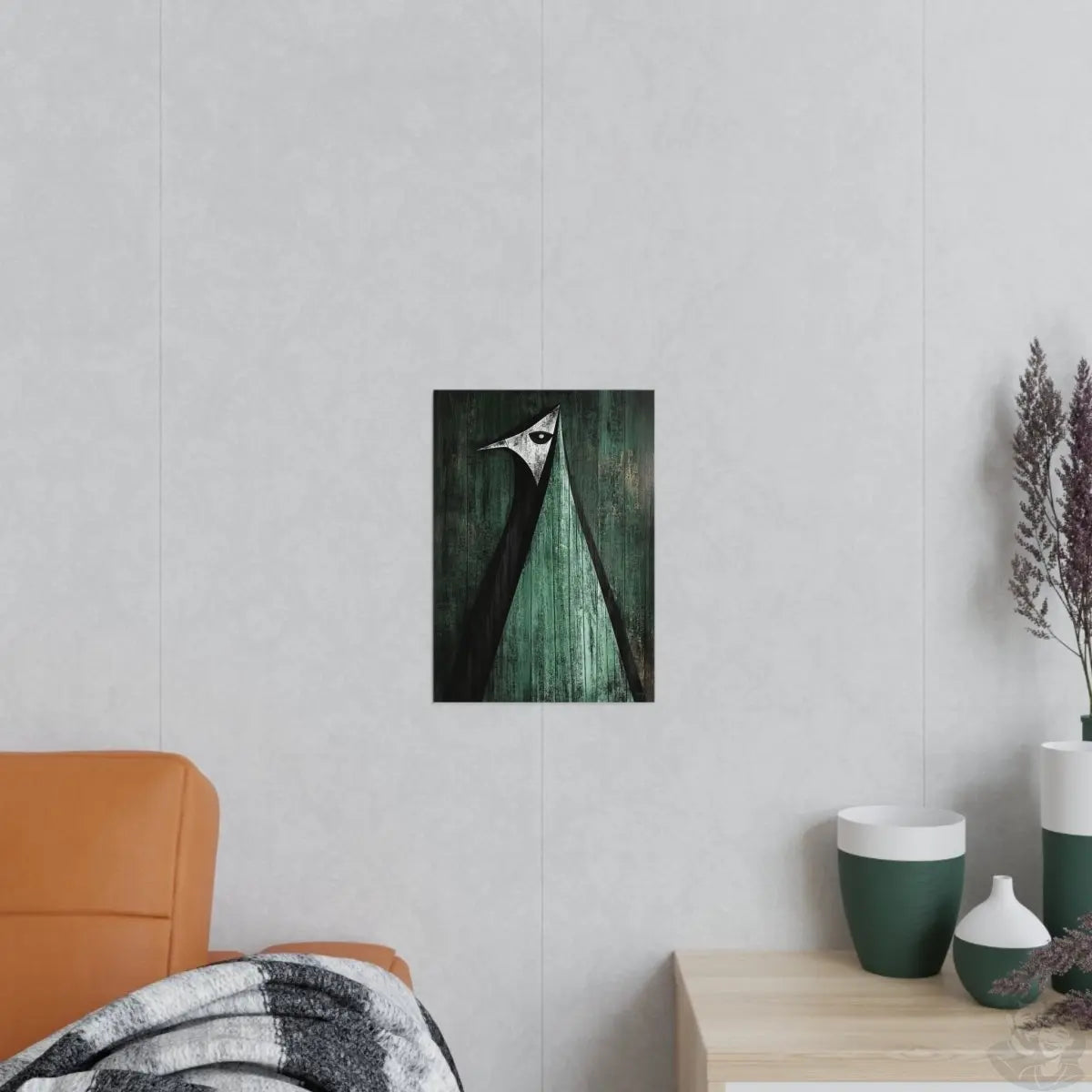 Minimalistisches Kunstposter – Abstrakter Vogel auf verwittertem Holz - Poster bei HappyHugPixels