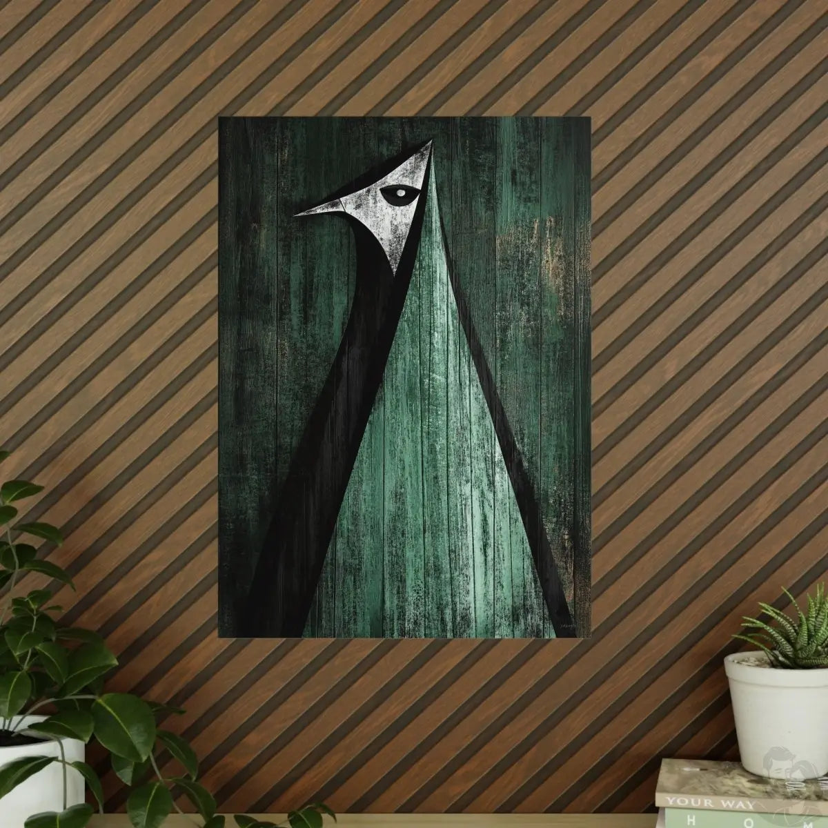Minimalistisches Kunstposter – Abstrakter Vogel auf verwittertem Holz - Poster bei HappyHugPixels