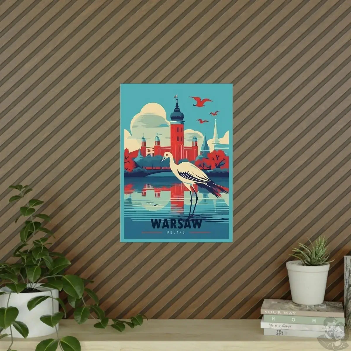 X Warschau Poster - Farbenfrohe Illustration im Herbst mit Kranich merchOne