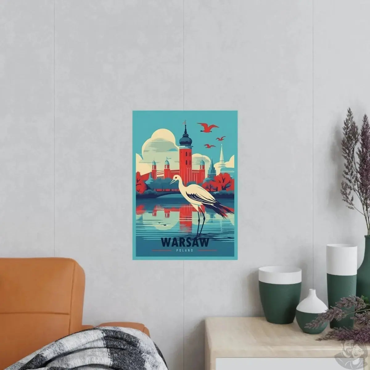 X Warschau Poster - Farbenfrohe Illustration im Herbst mit Kranich merchOne