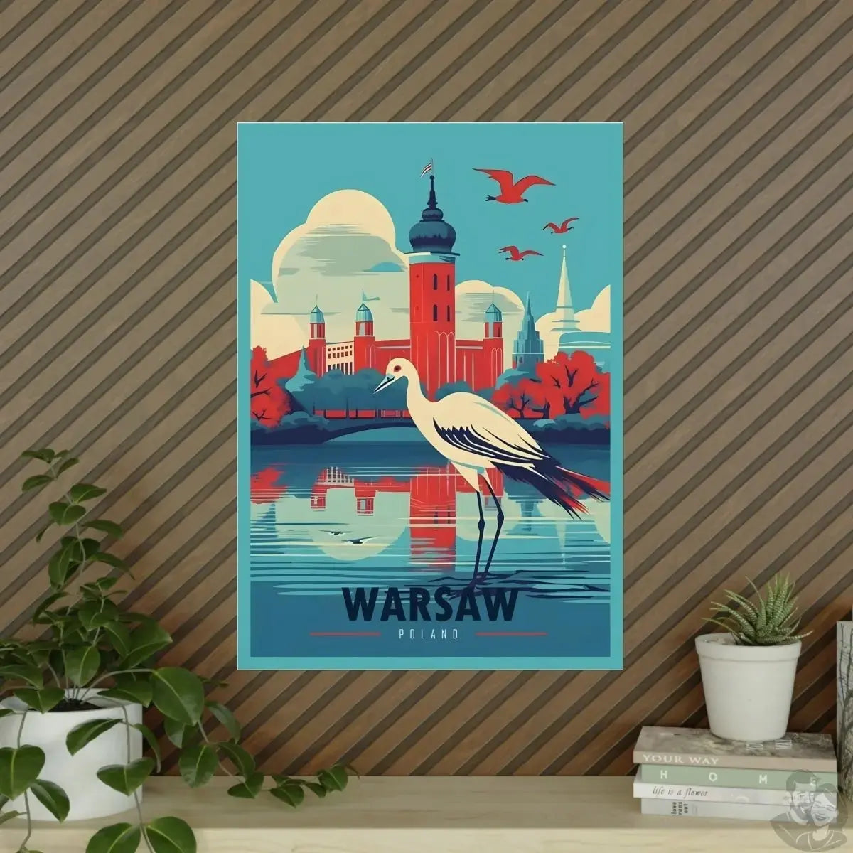X Warschau Poster - Farbenfrohe Illustration im Herbst mit Kranich merchOne