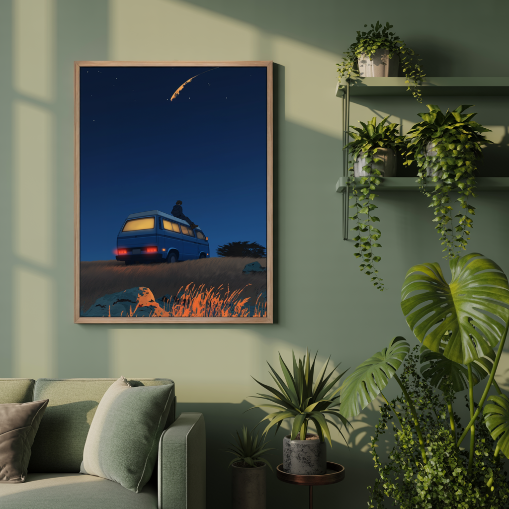 Sternschnuppen Nacht VW Bulli Canvas Leinwandbild - Abenteuer & Freiheit auf Premium Leinwand 80x60cm/90x60cm/100x75cm merchOne