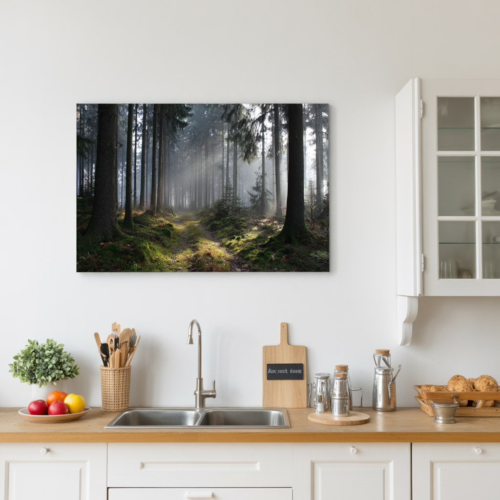 Mystischer Waldweg Leinwandbild - Nebel & Lichtstrahlen Canvas Wandbild Natur merchOne