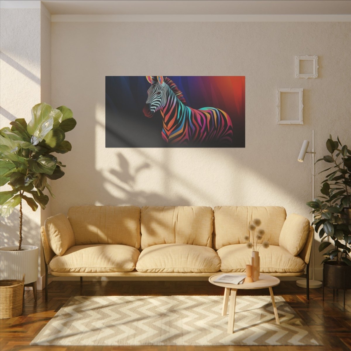 Farbenfrohes Zebra Leinwandbild - Hochwertige Wanddekoration - Canvas bei HappyHugPixels