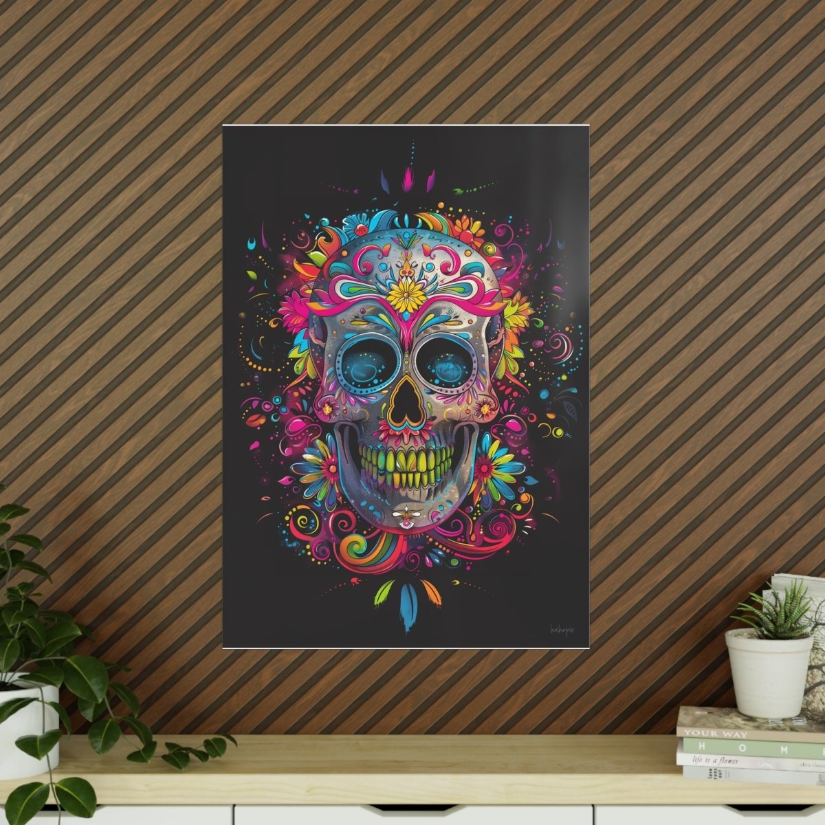 Florales Totenkopf Kunstposter – Lebendig und Farbenfroh - Poster bei HappyHugPixels