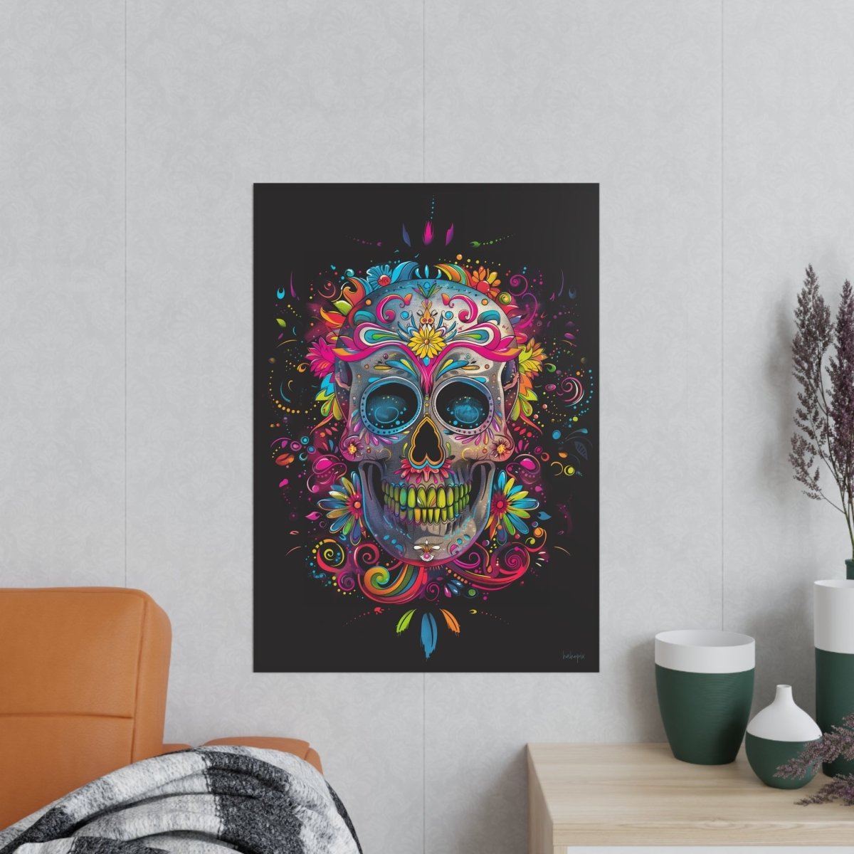 Florales Totenkopf Kunstposter – Lebendig und Farbenfroh - Poster bei HappyHugPixels