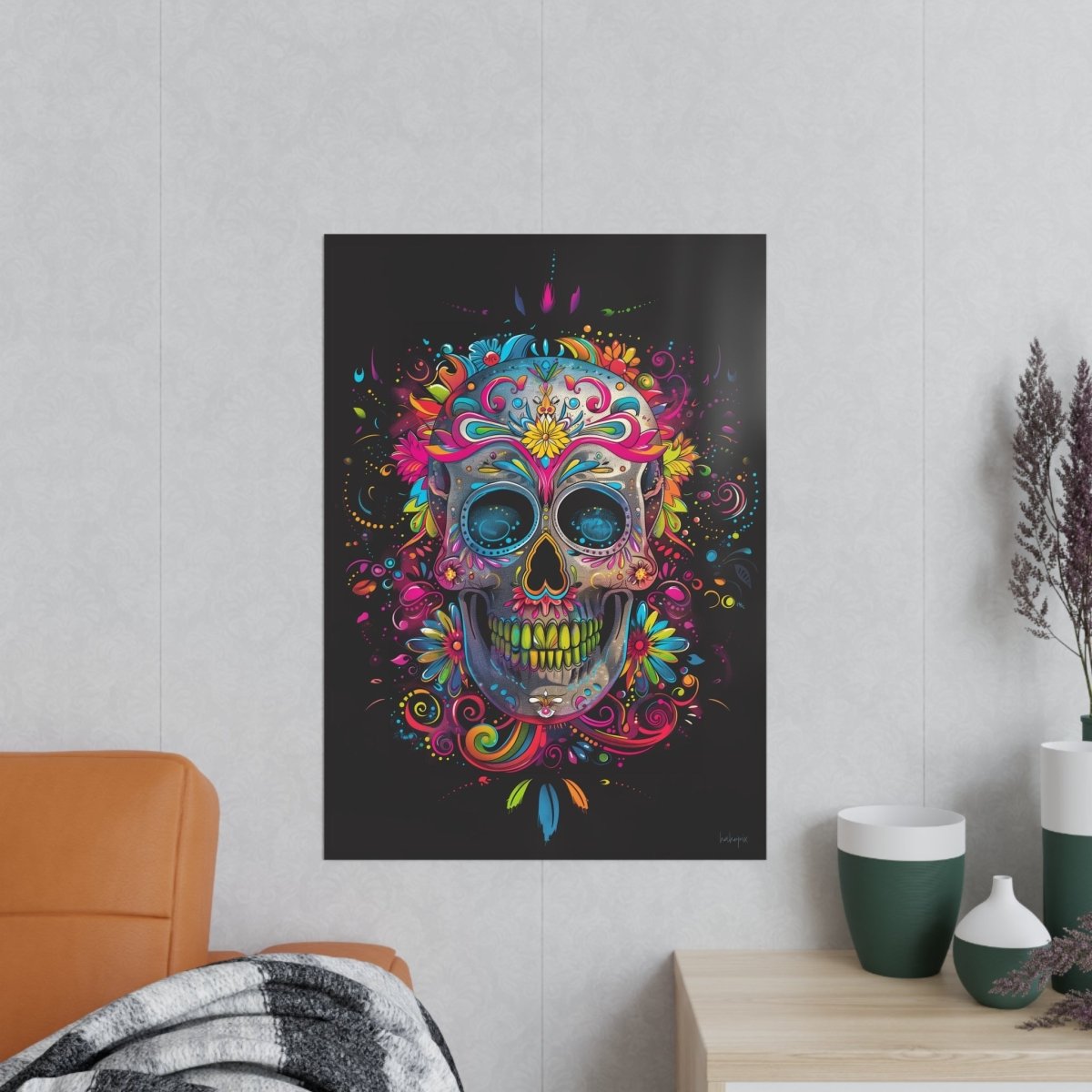 Florales Totenkopf Kunstposter – Lebendig und Farbenfroh - Poster bei HappyHugPixels