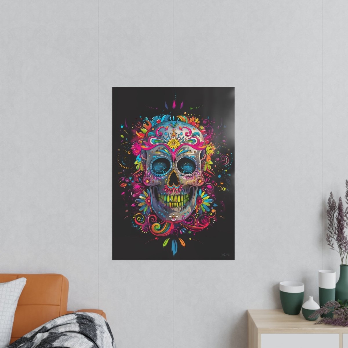 Florales Totenkopf Kunstposter – Lebendig und Farbenfroh - Poster bei HappyHugPixels