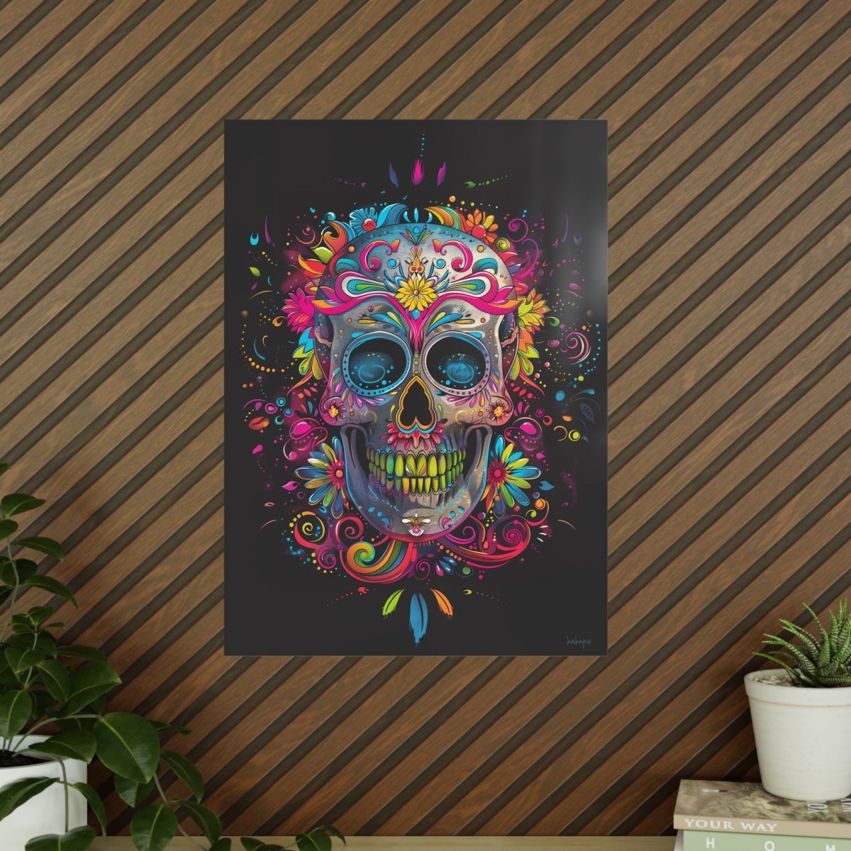 Florales Totenkopf Kunstposter – Lebendig und Farbenfroh - Poster bei HappyHugPixels