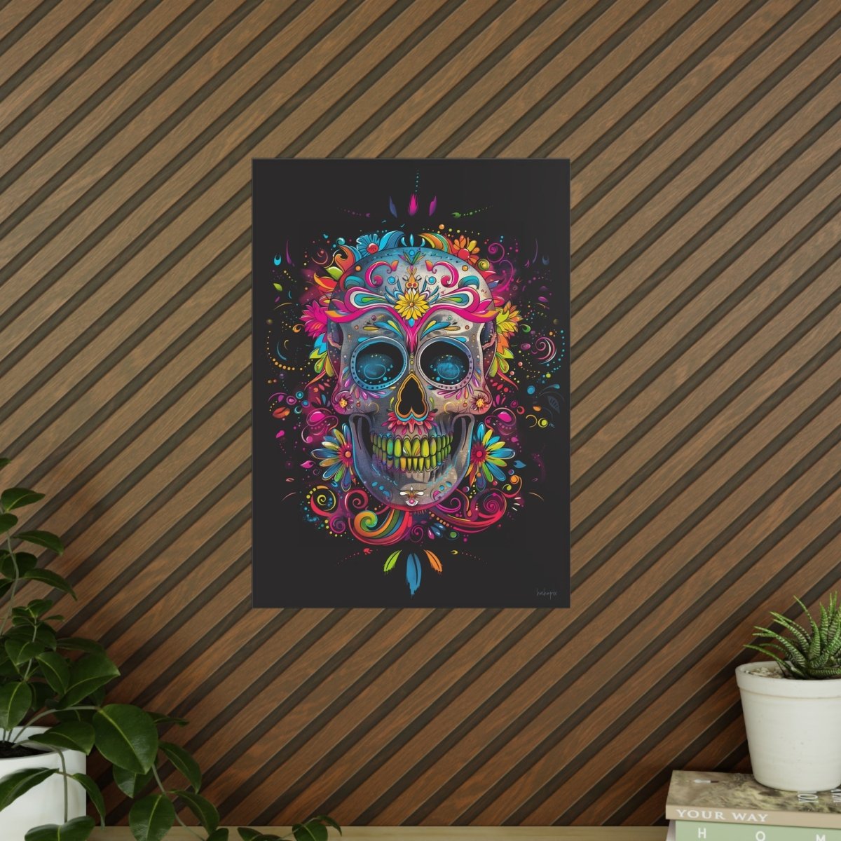 Florales Totenkopf Kunstposter – Lebendig und Farbenfroh - Poster bei HappyHugPixels