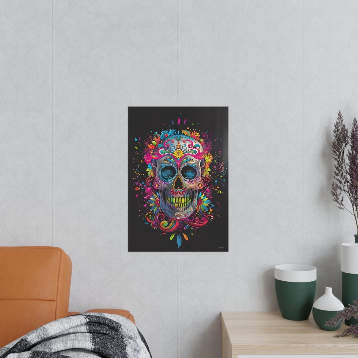 Florales Totenkopf Kunstposter – Lebendig und Farbenfroh - Poster bei HappyHugPixels