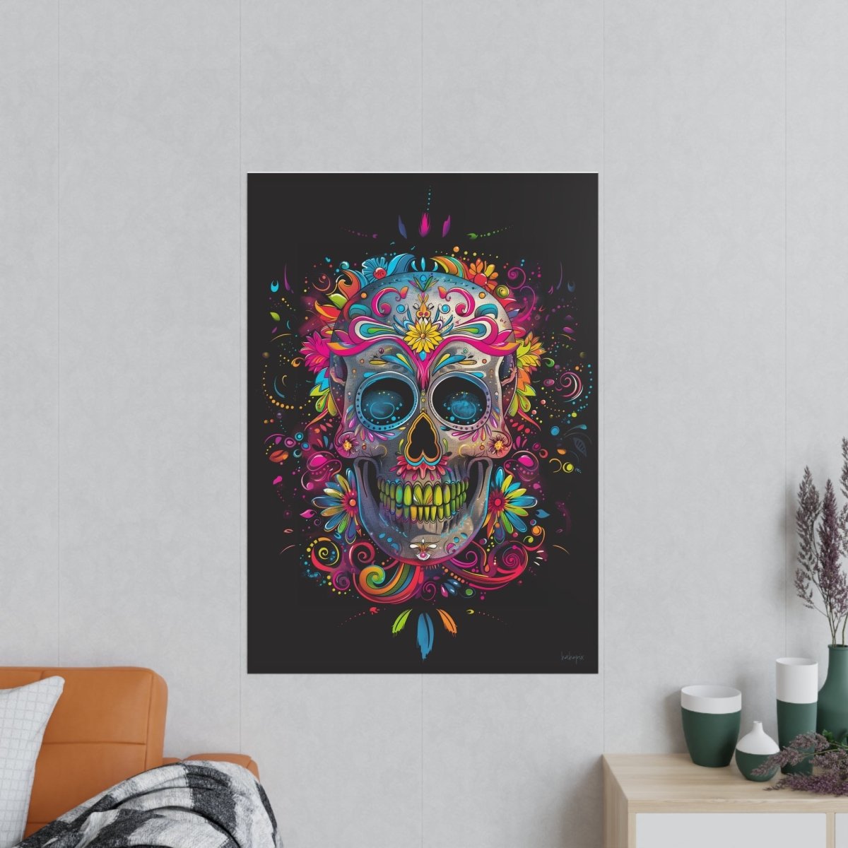 Florales Totenkopf Kunstposter – Lebendig und Farbenfroh - Poster bei HappyHugPixels