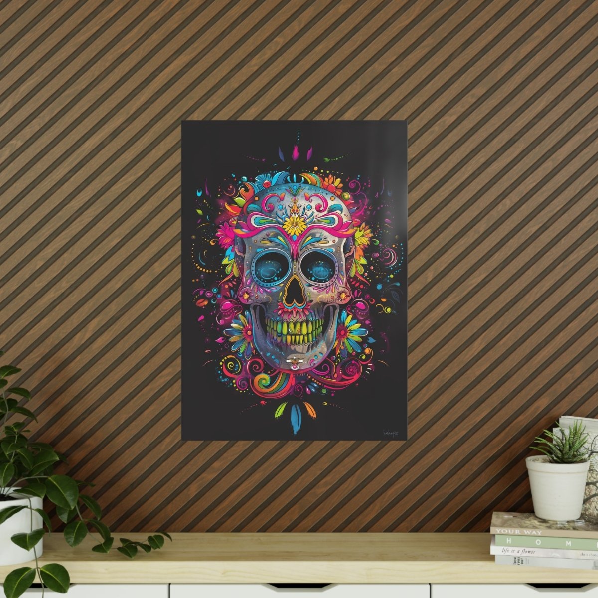 Florales Totenkopf Kunstposter – Lebendig und Farbenfroh - Poster bei HappyHugPixels