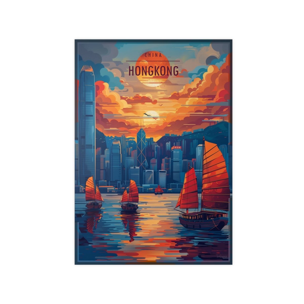 Hongkong Skyline –Exquisites Travelposter, traditionelle Dschunken - Poster bei HappyHugPixels