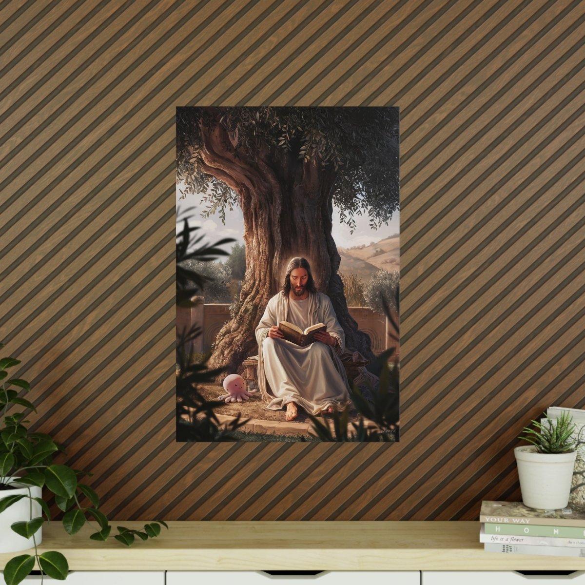 Jesus - The Messias mit einem rosa Oktopus - Kunstposter - Poster bei HappyHugPixels