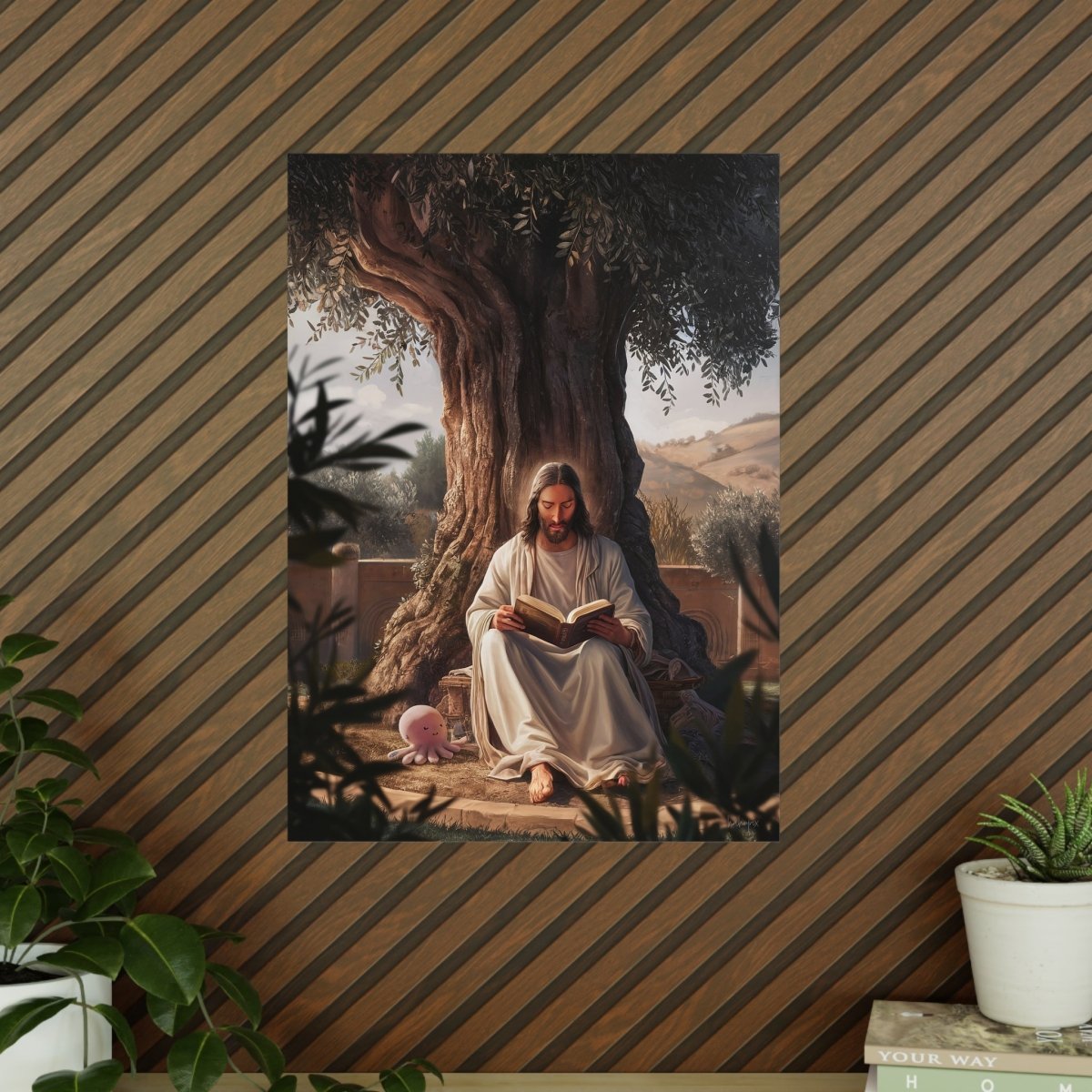 Jesus - The Messias mit einem rosa Oktopus - Kunstposter - Poster bei HappyHugPixels