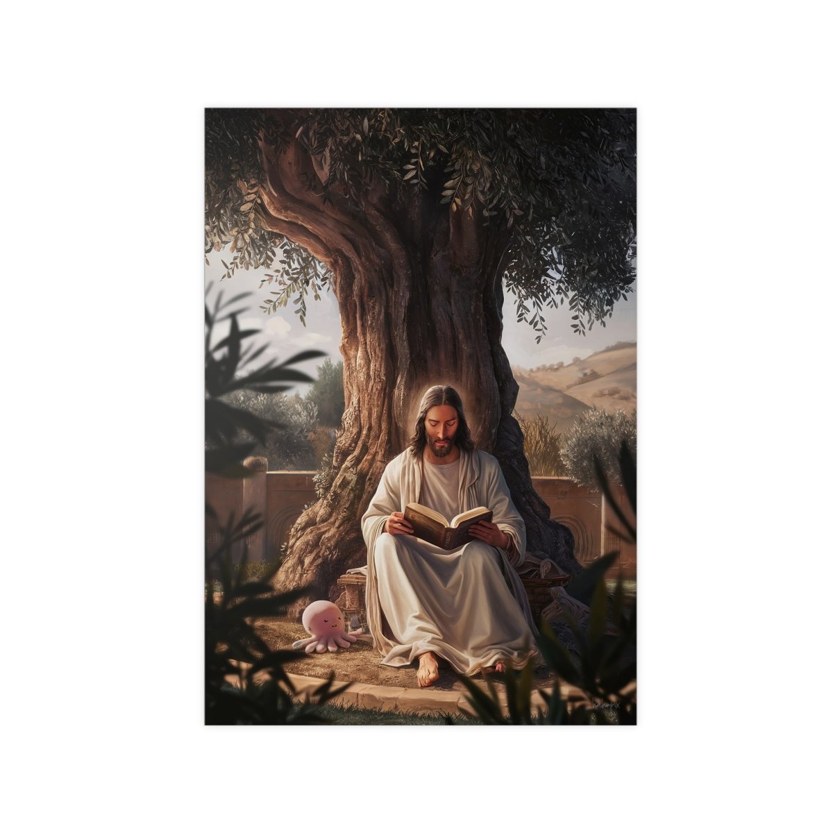 Jesus - The Messias mit einem rosa Oktopus - Kunstposter - Poster bei HappyHugPixels