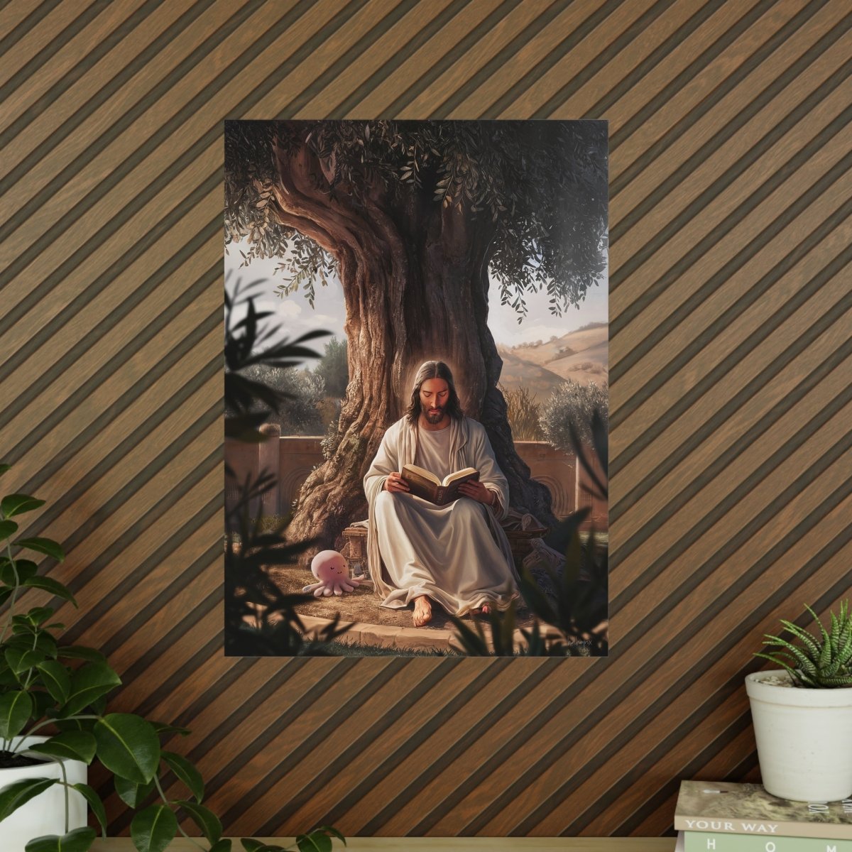 Jesus - The Messias mit einem rosa Oktopus - Kunstposter - Poster bei HappyHugPixels