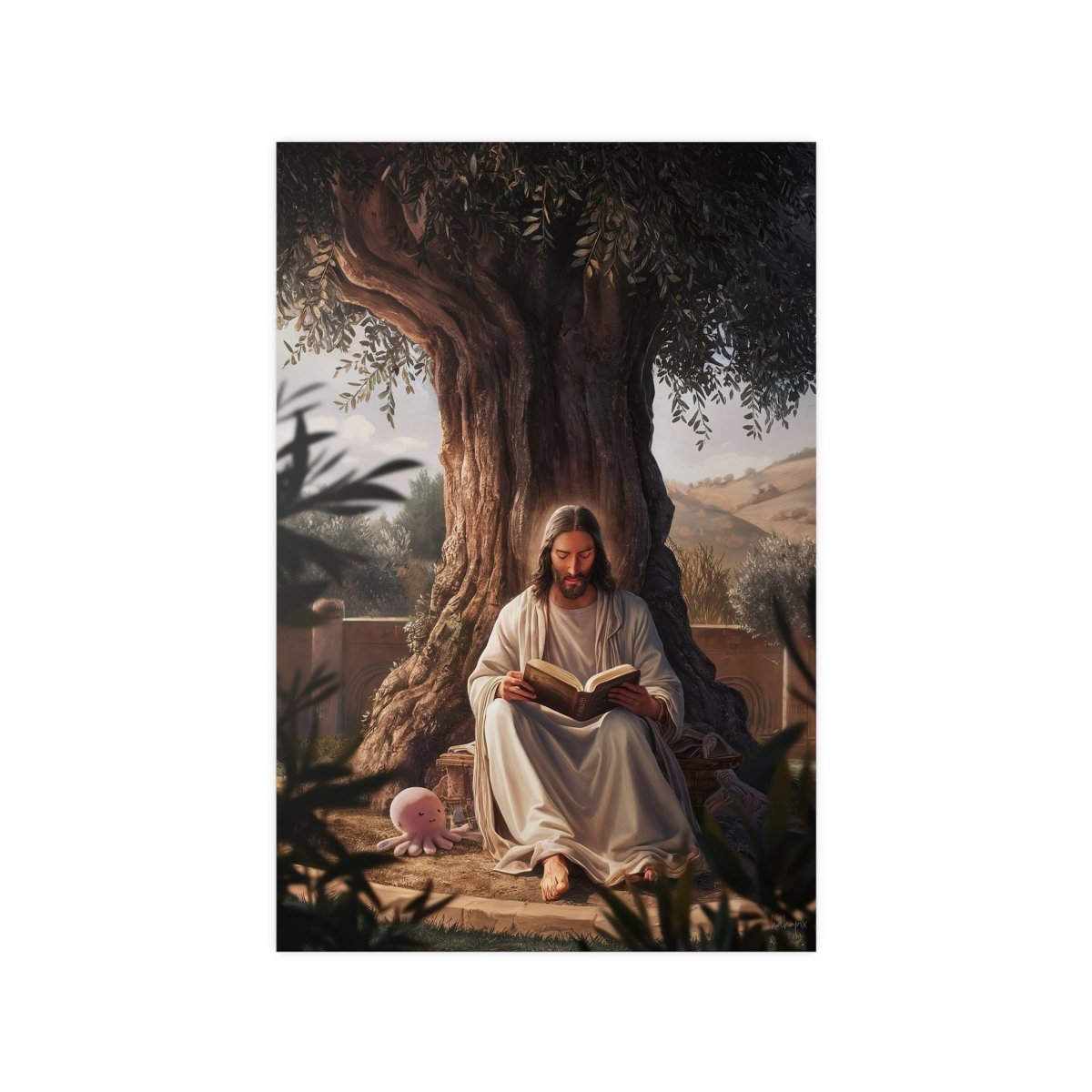 Jesus - The Messias mit einem rosa Oktopus - Kunstposter - Poster bei HappyHugPixels