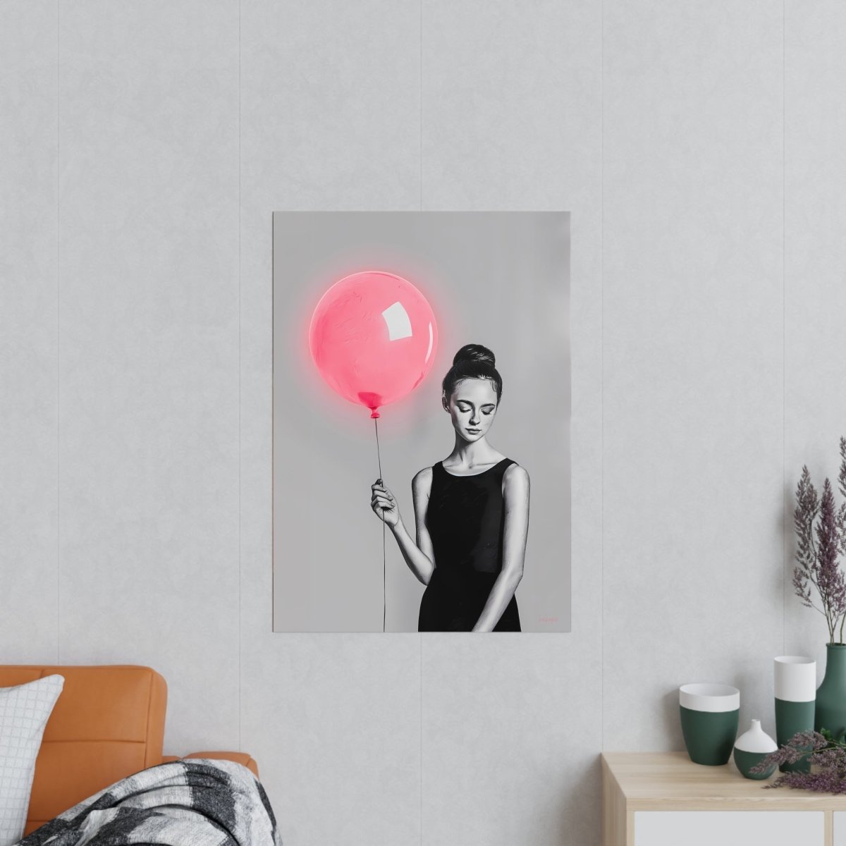 Kunstposter Zeichnung - Elegante Frau mit Ballon - Photopapier - Poster bei HappyHugPixels