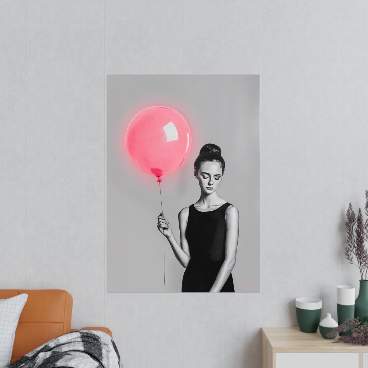 Kunstposter Zeichnung - Elegante Frau mit Ballon - Photopapier - Poster bei HappyHugPixels