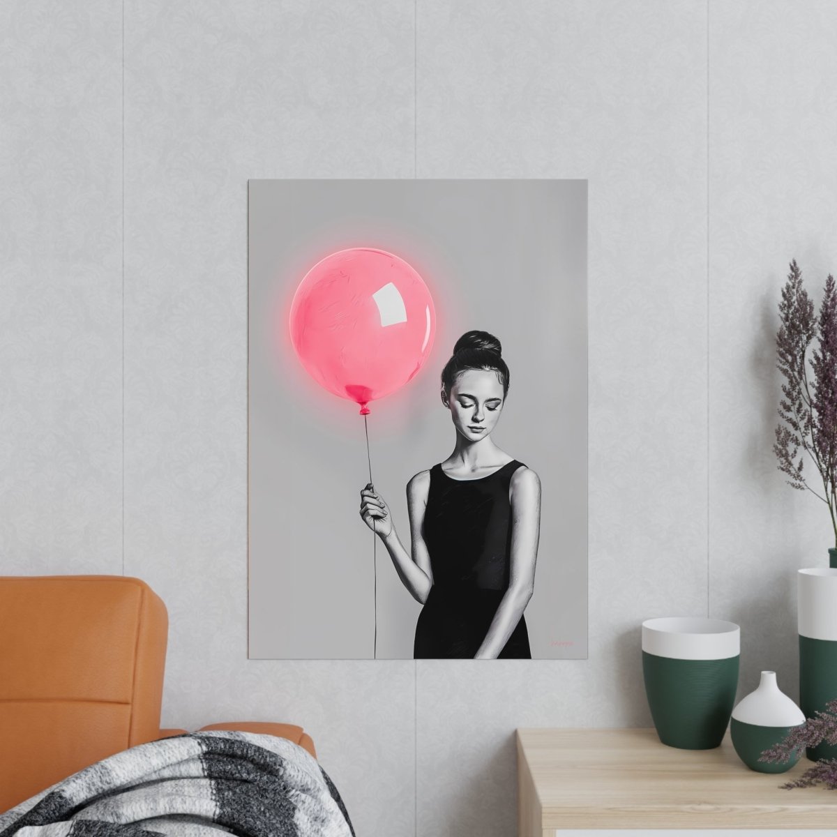 Kunstposter Zeichnung - Elegante Frau mit Ballon - Photopapier - Poster bei HappyHugPixels